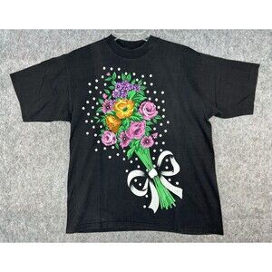 Vintage Jacques Moret Graphic T-Shirt Flowers Print One Size Black Single Stitch